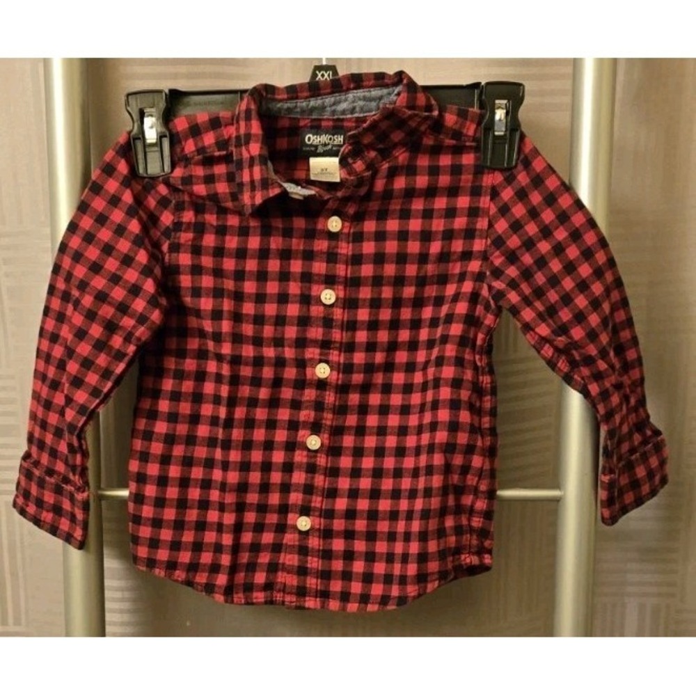 Oshkosh B'Gosh Toddler Red Plaid Check Button Front Long Sleeve‎ Shirt Size 3T